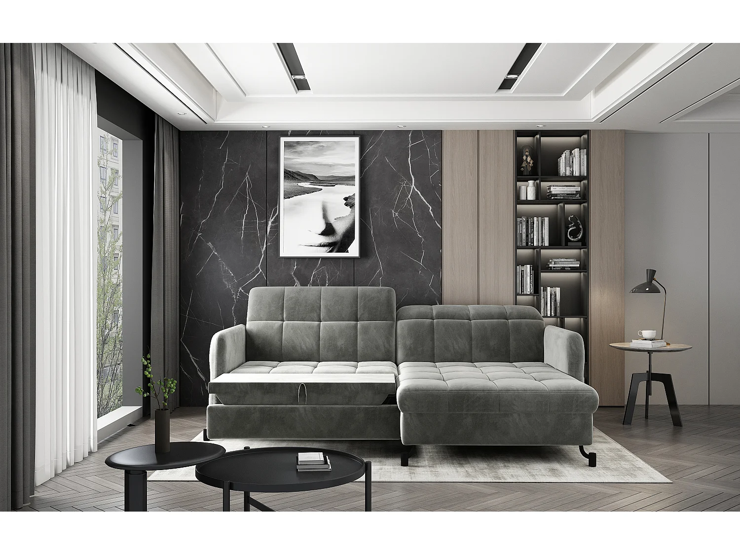 Canapé convertible angle droit avec têtières réglables velours matelassé gris anthracite Lory 225cm