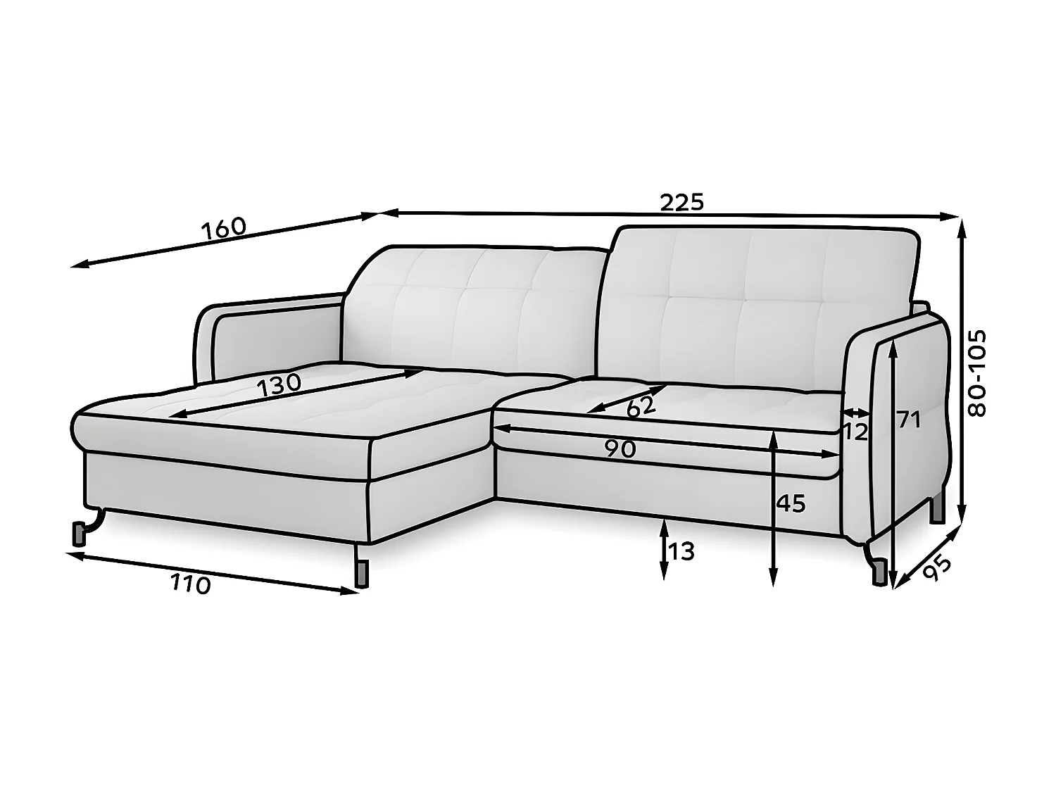 Canapé convertible angle droit avec têtières réglables velours matelassé gris anthracite Lory 225cm