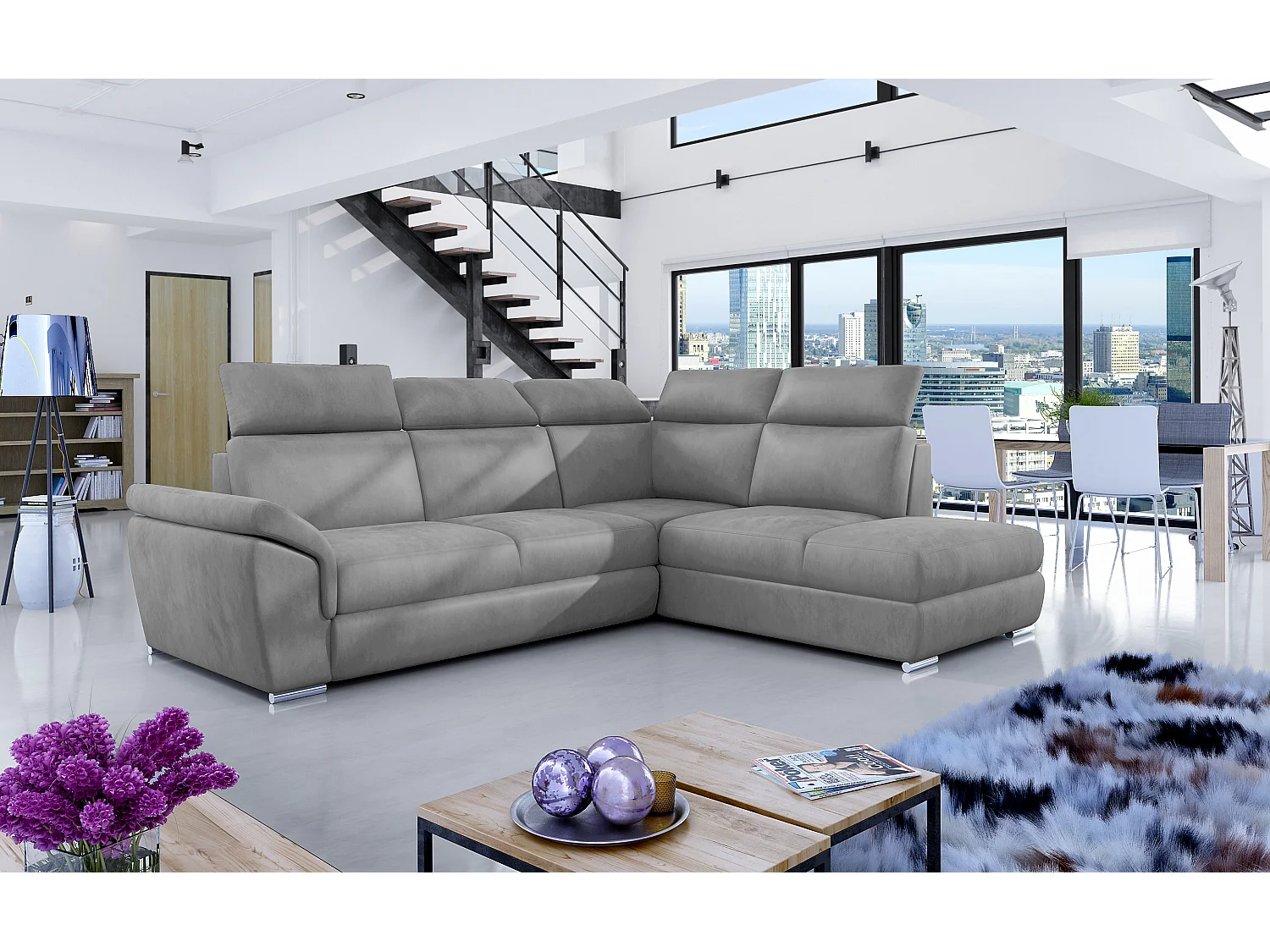 Canapé angle droit convertible velours gris clair avec appuis-tête réglables Kepita 260cm