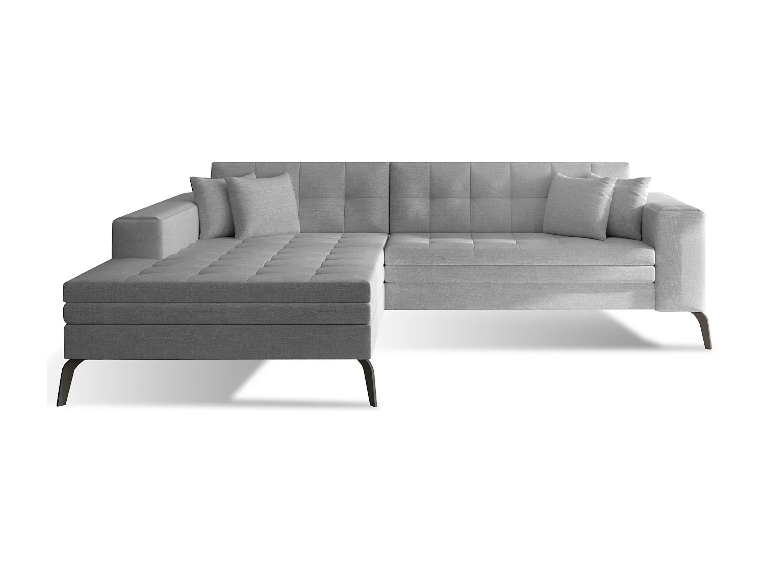 Canapé convertible capitonné angle gauche tissu gris clair et pieds métal noir Lazor 295cm
