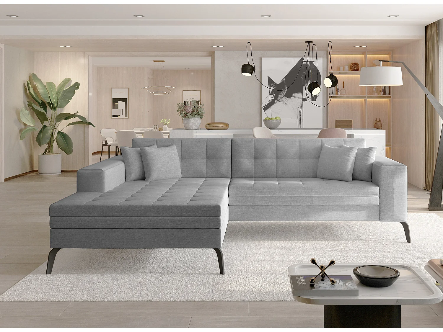 Canapé convertible capitonné angle gauche tissu gris clair et pieds métal noir Lazor 295cm