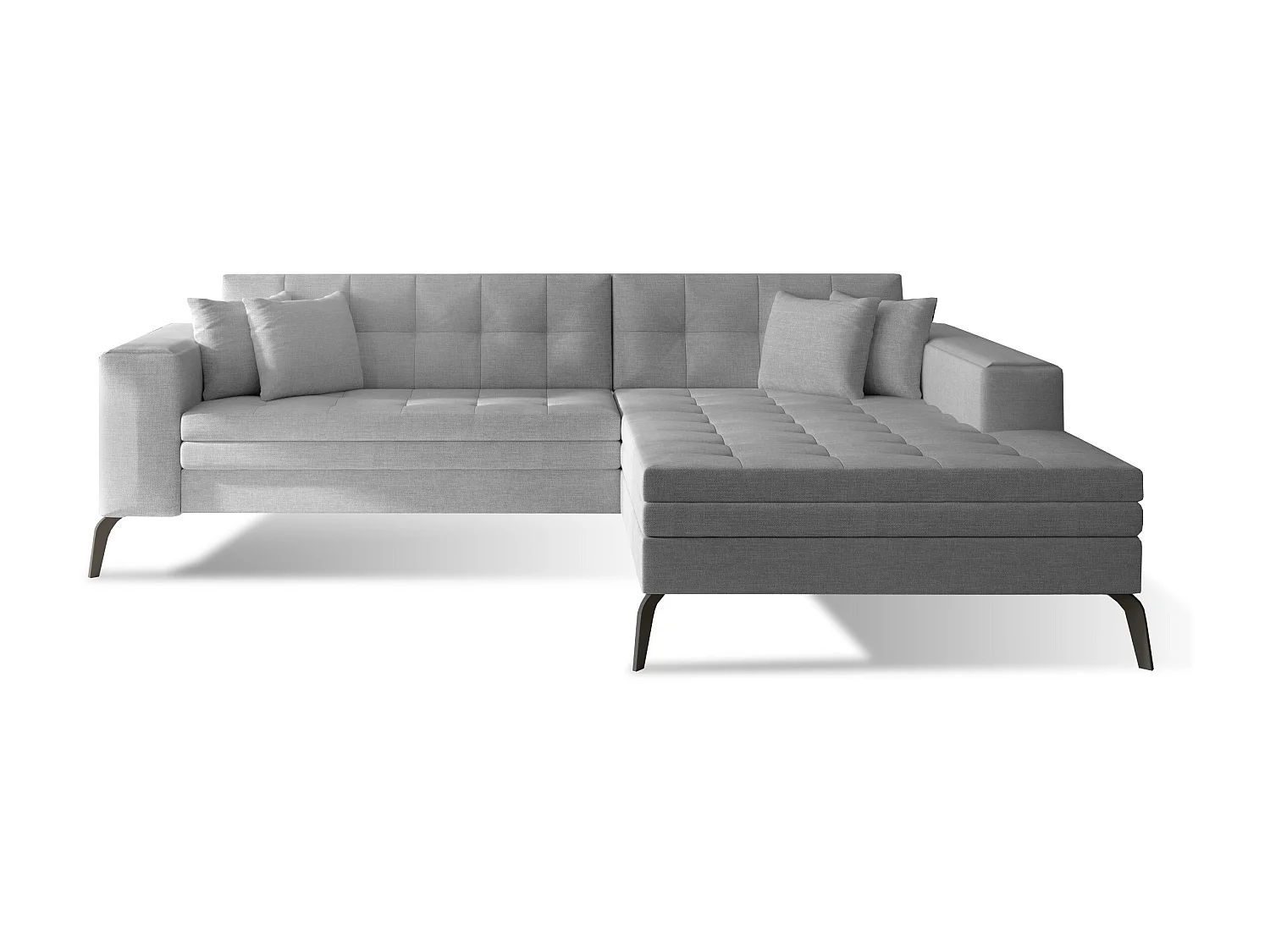 Canapé convertible capitonné angle gauche tissu gris clair et pieds métal noir Lazor 295cm