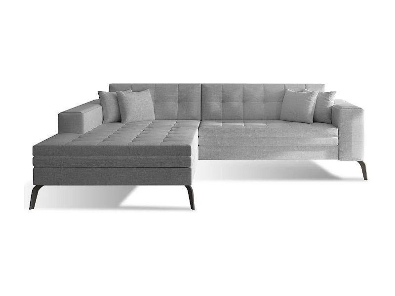 Canapé convertible capitonné angle gauche tissu gris clair et pieds métal noir Lazor 295cm