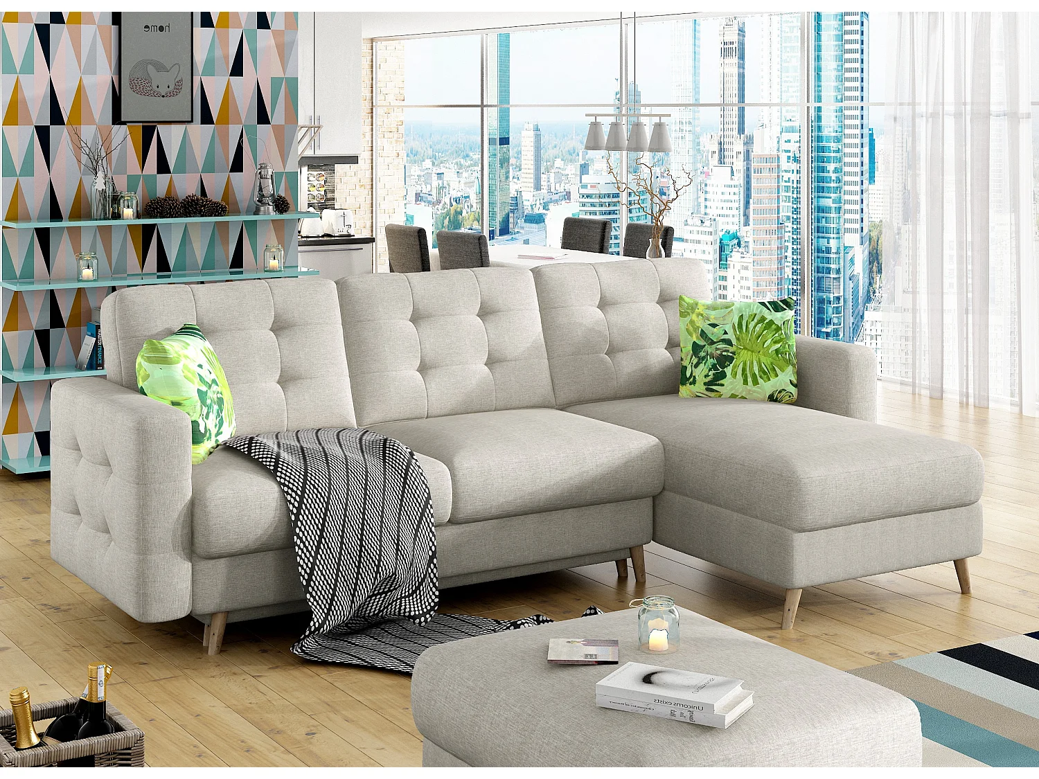 Canapé d'angle réversible et convertible tissu beige clair Anska 250cm