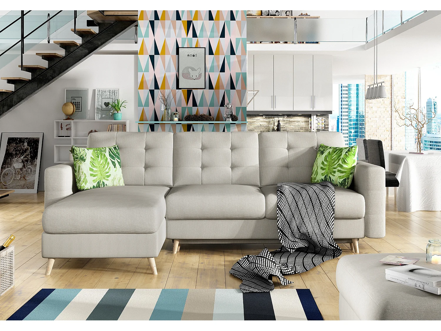 Canapé d'angle réversible et convertible tissu beige clair Anska 250cm