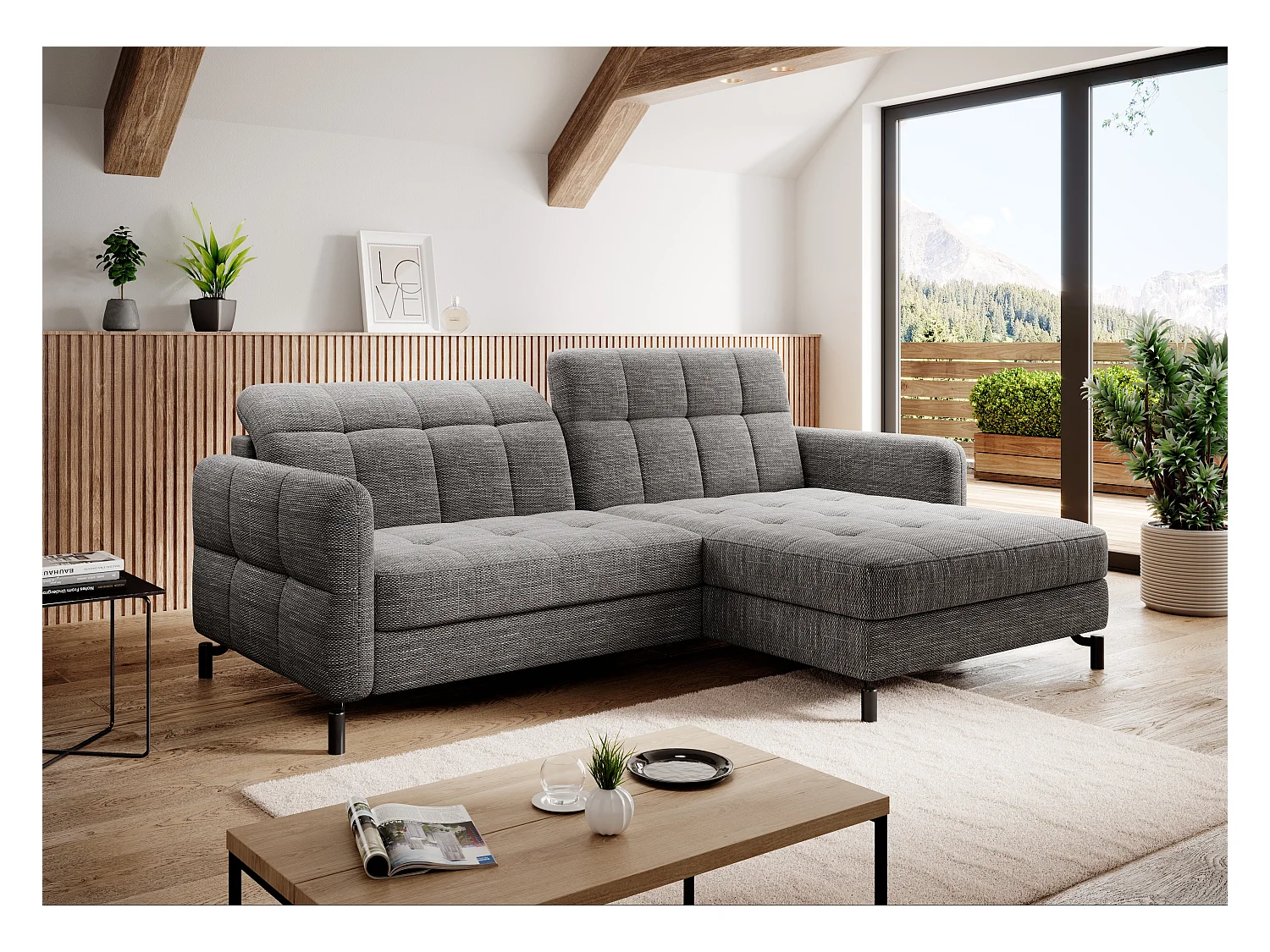 Canapé convertible tissu matelassé gris chiné angle droit Lory 225cm
