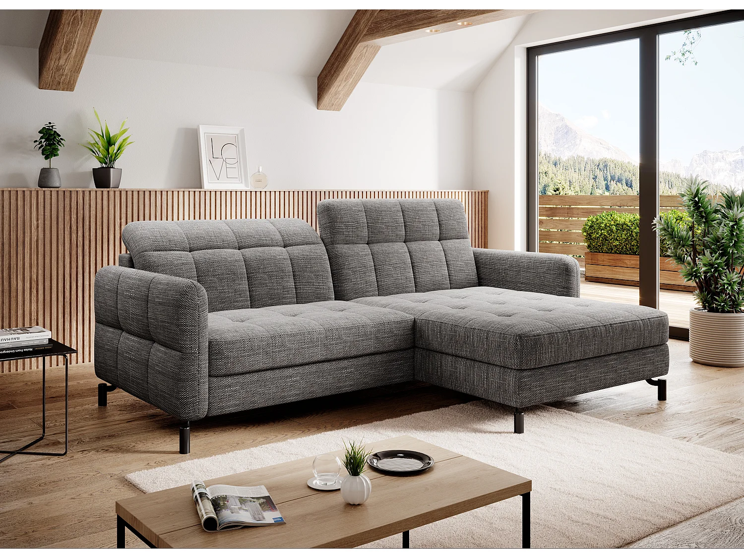 Canapé convertible tissu matelassé gris chiné angle droit Lory 225cm