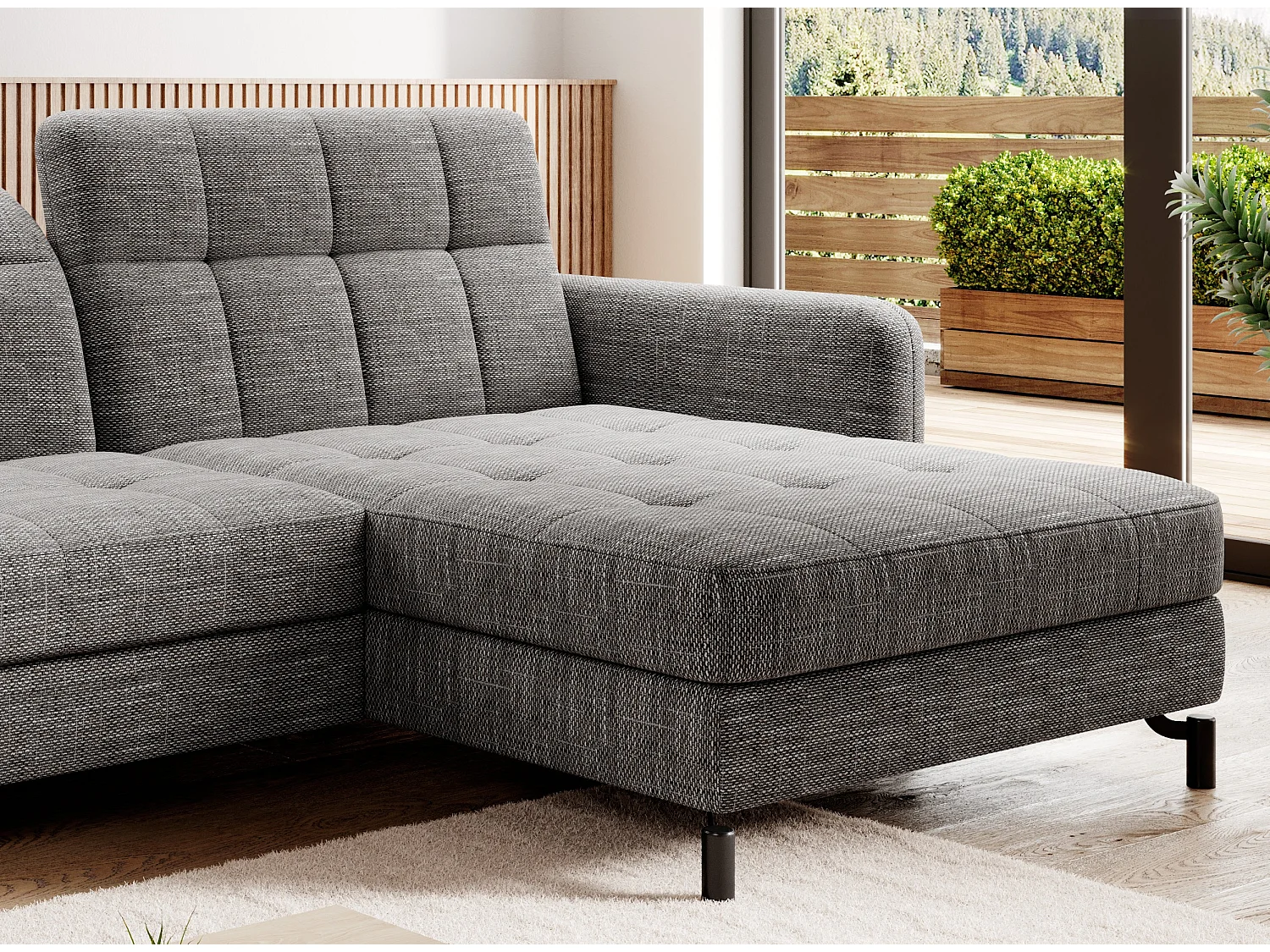 Canapé convertible tissu matelassé gris chiné angle droit Lory 225cm