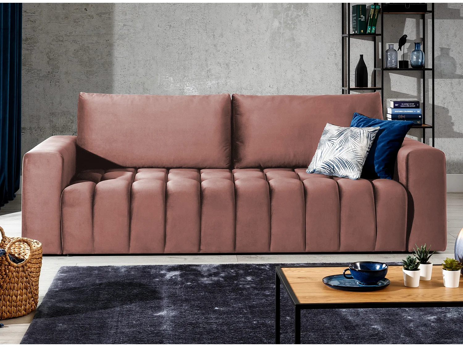 Canapé convertible 3 places tissu doux rose avec coffre de rangement Larko 245cm