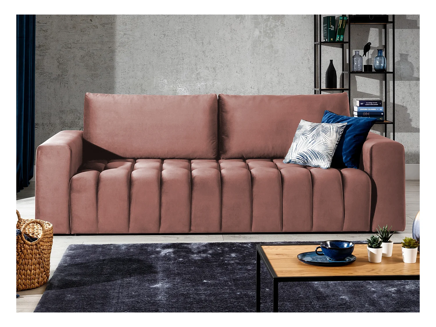 Canapé convertible 3 places tissu doux rose avec coffre de rangement Larko 245cm