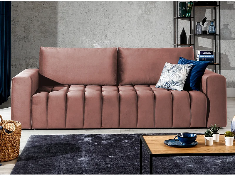 Canapé convertible 3 places tissu doux rose avec coffre de rangement Larko 245cm