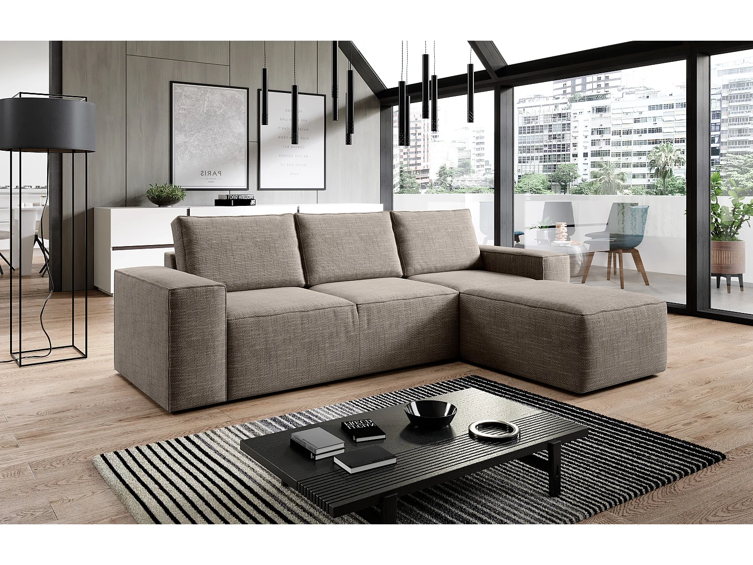 Canapé d'angle droit convertible moderne tissu beige chiné Willace 302cm