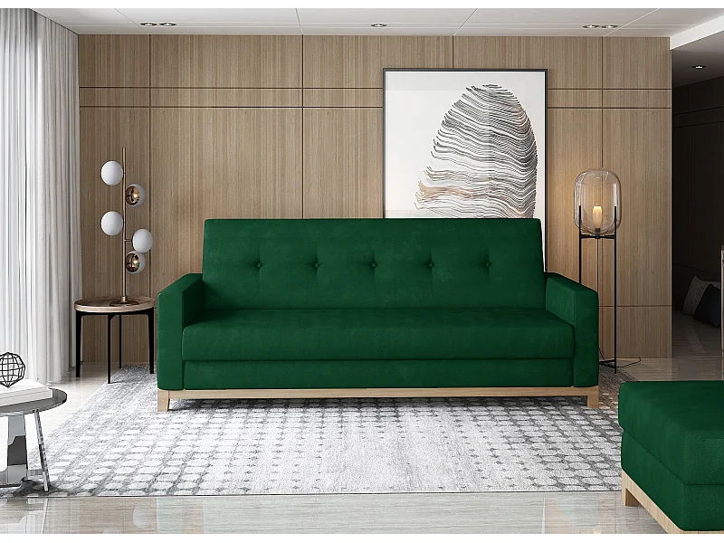 Canapé lit 3 places tissu vert foncé et pieds en bois de hêtre Saline 216cm