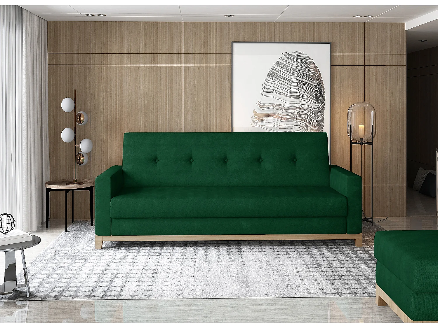 Canapé lit 3 places tissu vert foncé et pieds en bois de hêtre Saline 216cm