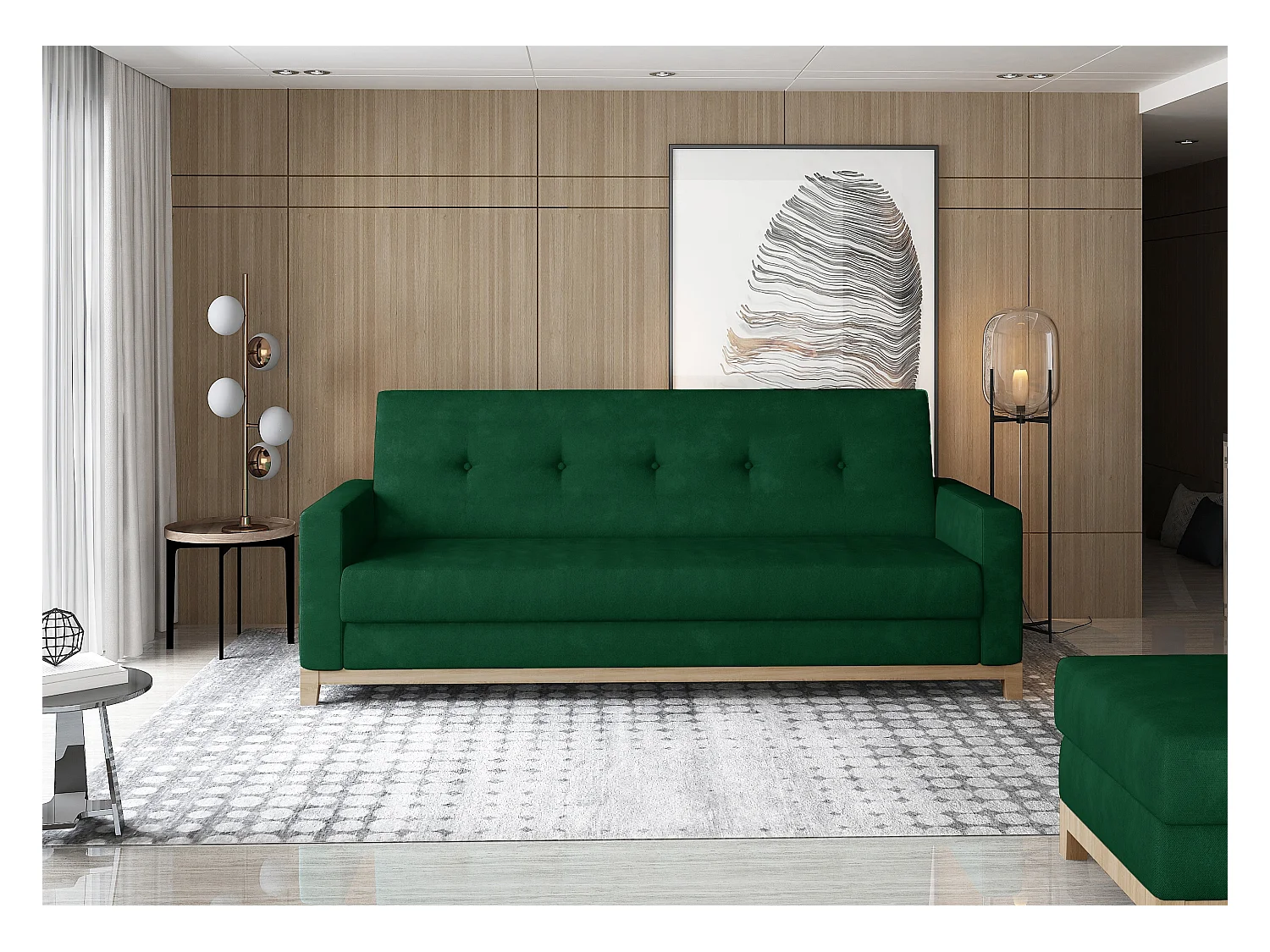 Canapé lit 3 places tissu vert foncé et pieds en bois de hêtre Saline 216cm