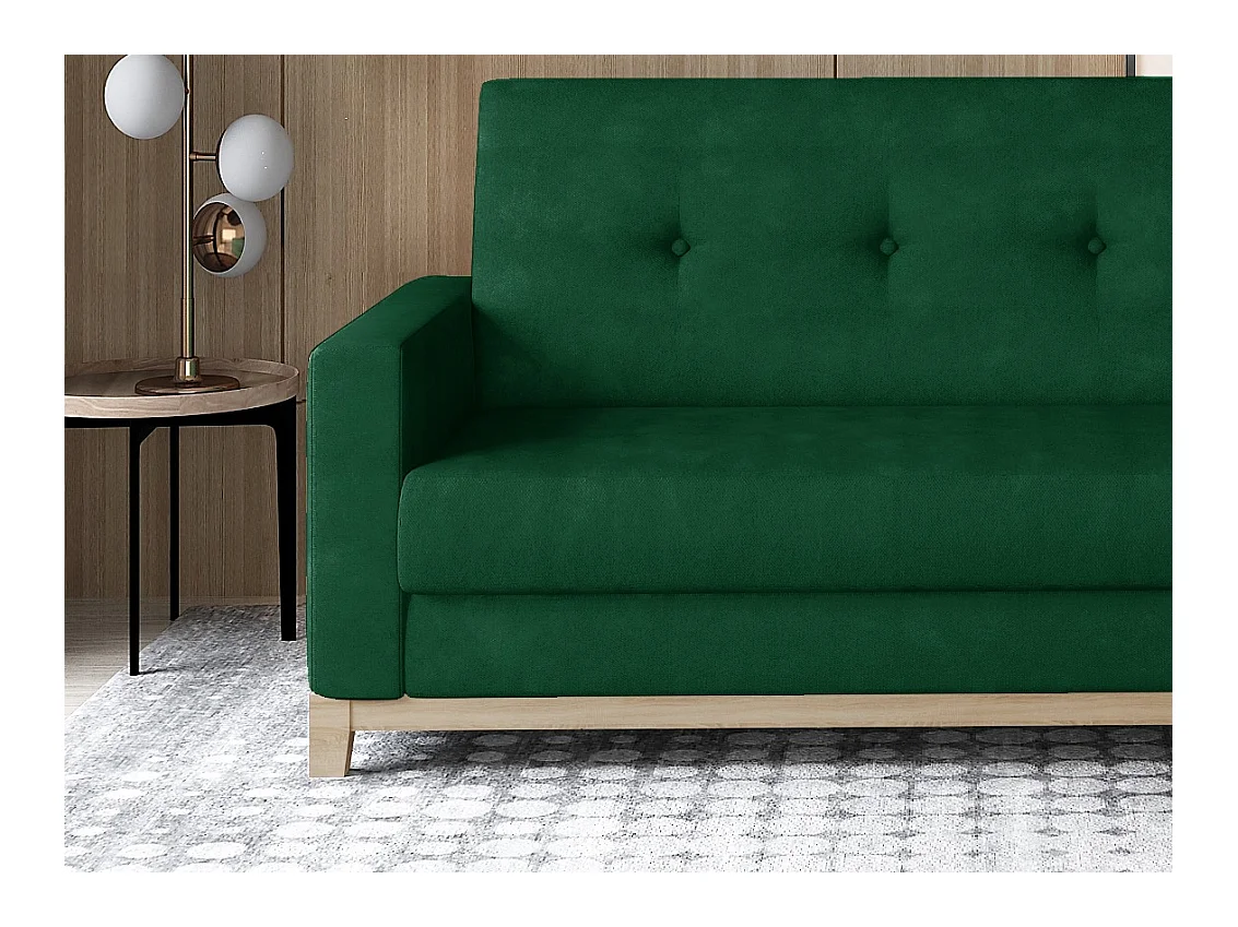 Canapé lit 3 places tissu vert foncé et pieds en bois de hêtre Saline 216cm