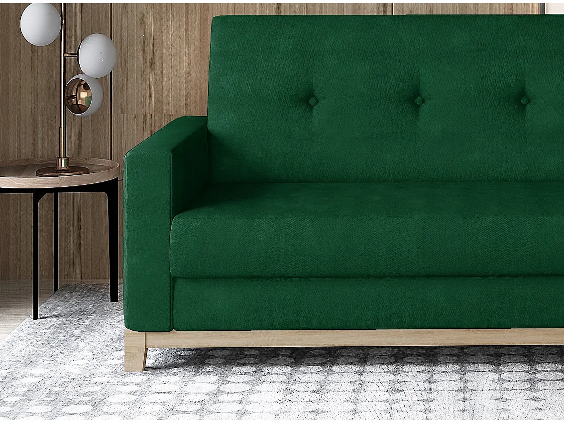 Canapé lit 3 places tissu vert foncé et pieds en bois de hêtre Saline 216cm