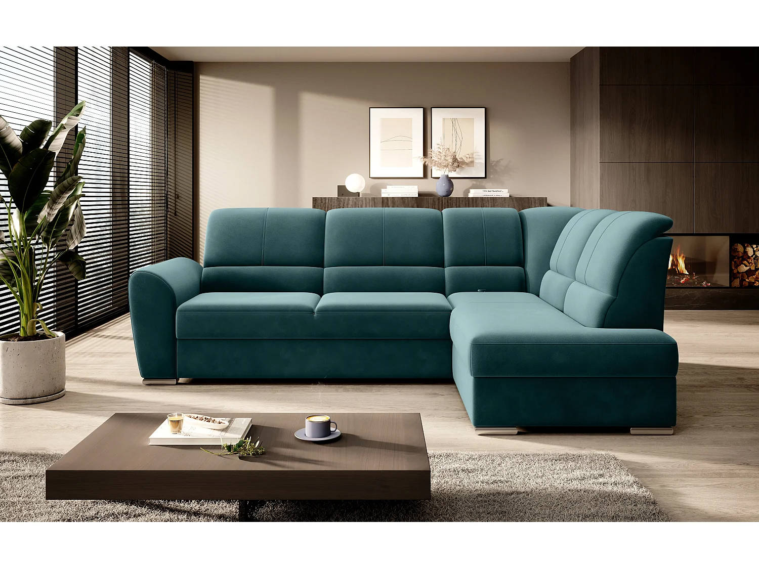 Canapé angle droit convertible velours vert bouteille et pieds acier chromé Zabor 270cm