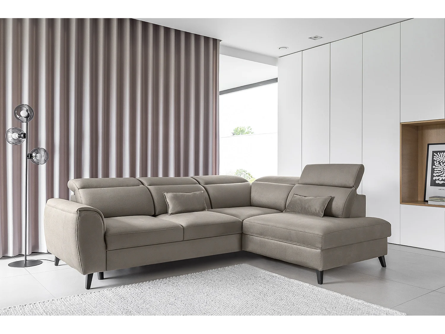 Canapé d'angle convertible avec rangement tissu NOBLESSE - Pieds bois noir-Marron-angle droit