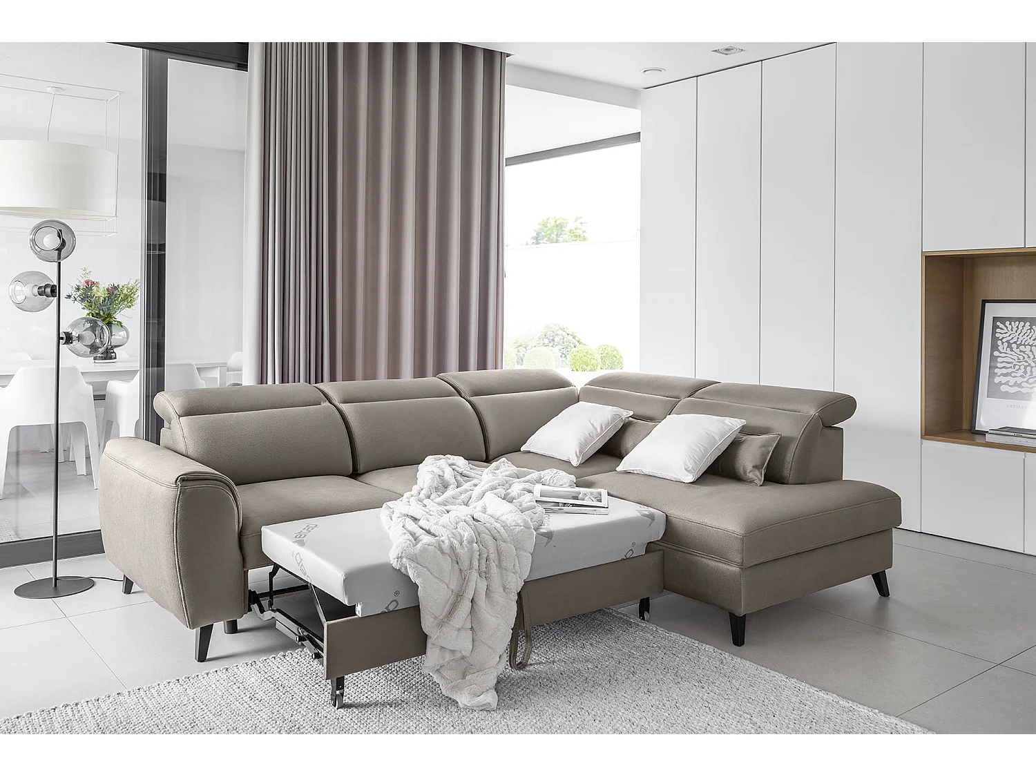 Canapé d'angle convertible avec rangement tissu NOBLESSE - Pieds bois noir-Marron-angle droit