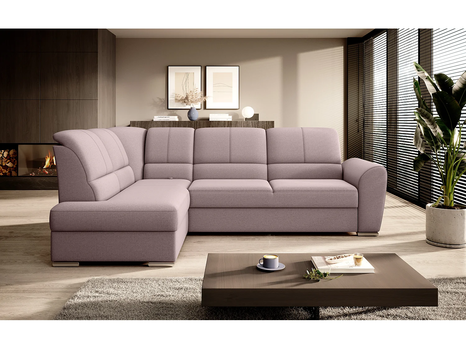 Canapé angle gauche convertible tissu rose clair et pieds acier chromé Zabor 270cm