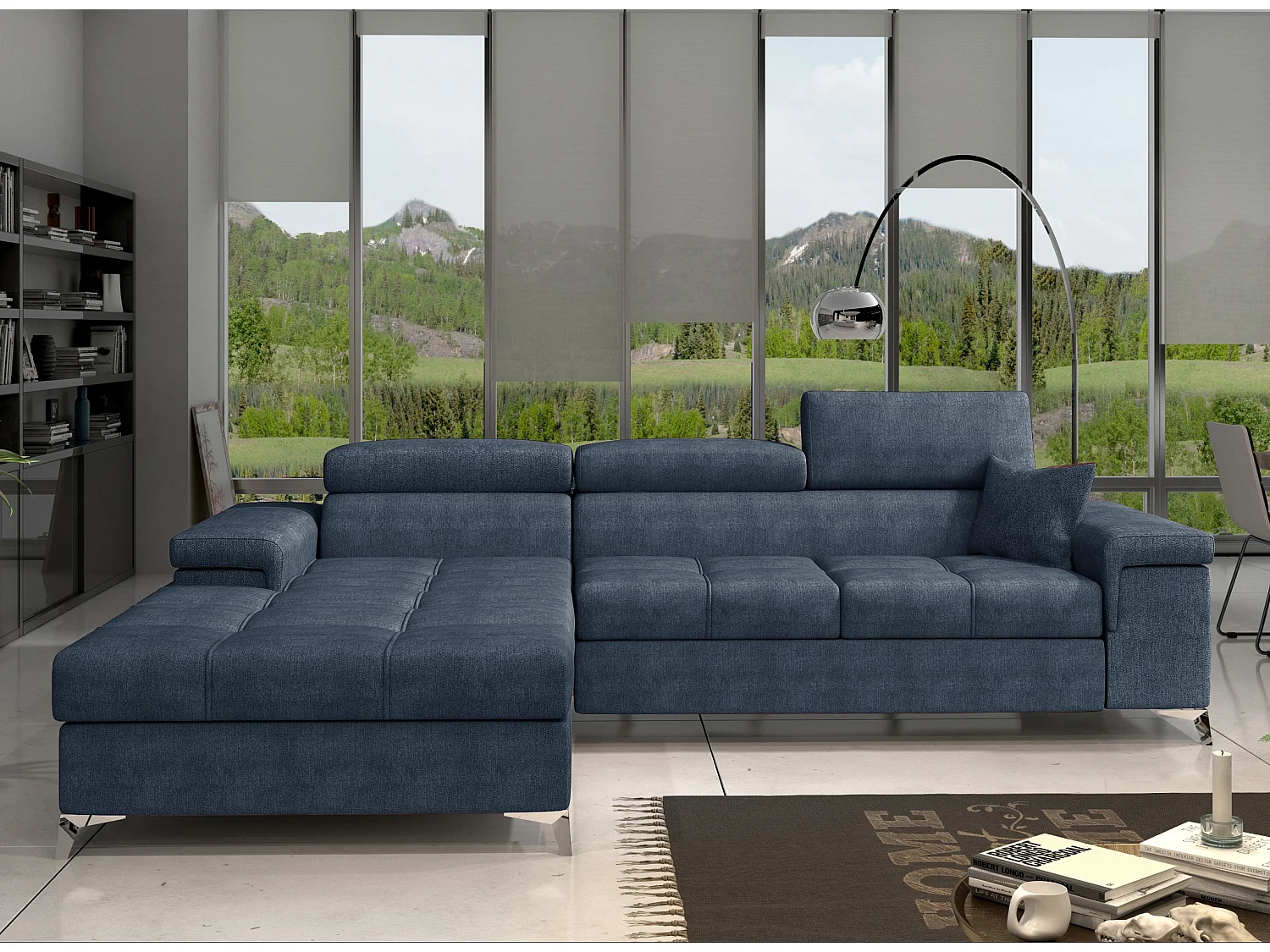 Canapé angle gauche convertible tissu bleu minéral avec appuis-tête réglables Rikaro 280cm