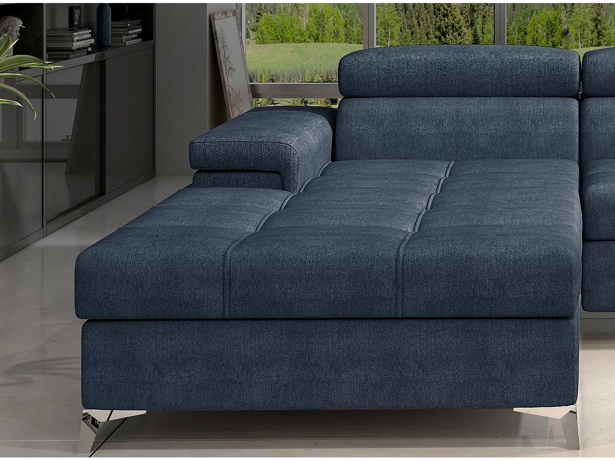 Canapé angle gauche convertible tissu bleu minéral avec appuis-tête réglables Rikaro 280cm
