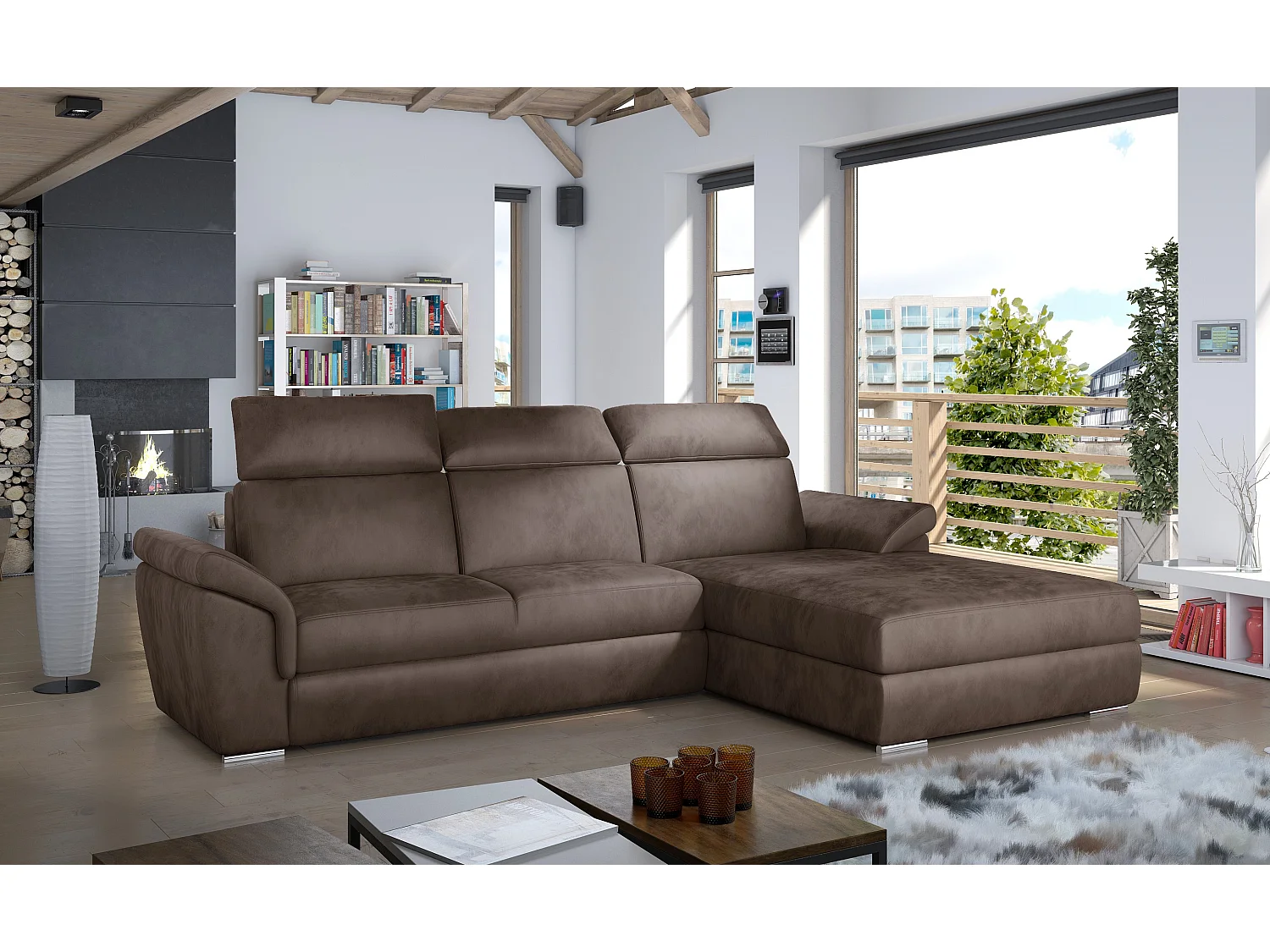 Canapé convertible d'angle droit velours marron têtières réglables Suzy 272cm