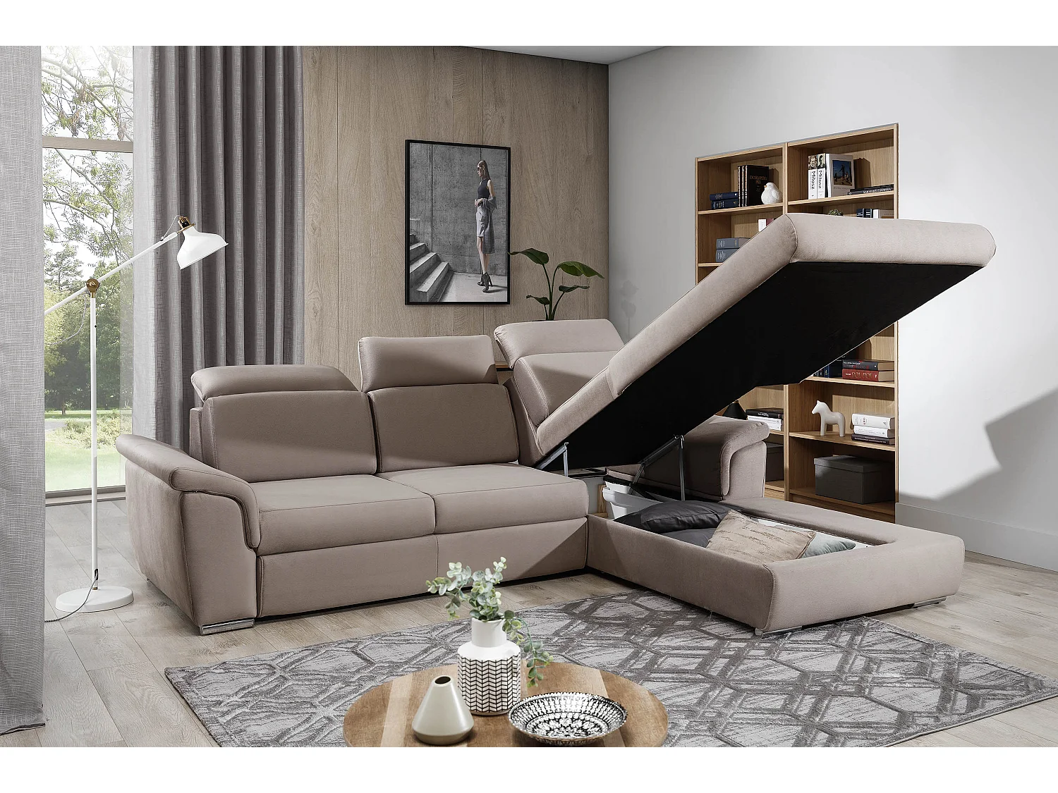 Canapé convertible d'angle droit velours marron têtières réglables Suzy 272cm