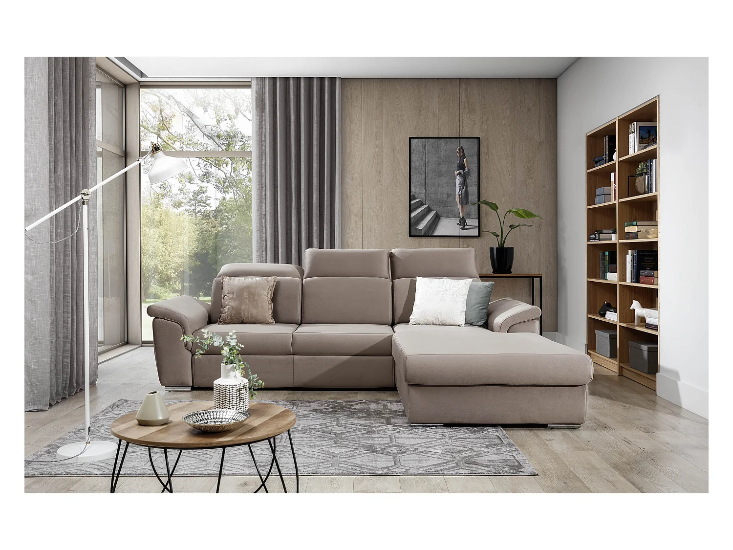 Canapé convertible d'angle droit velours marron têtières réglables Suzy 272cm