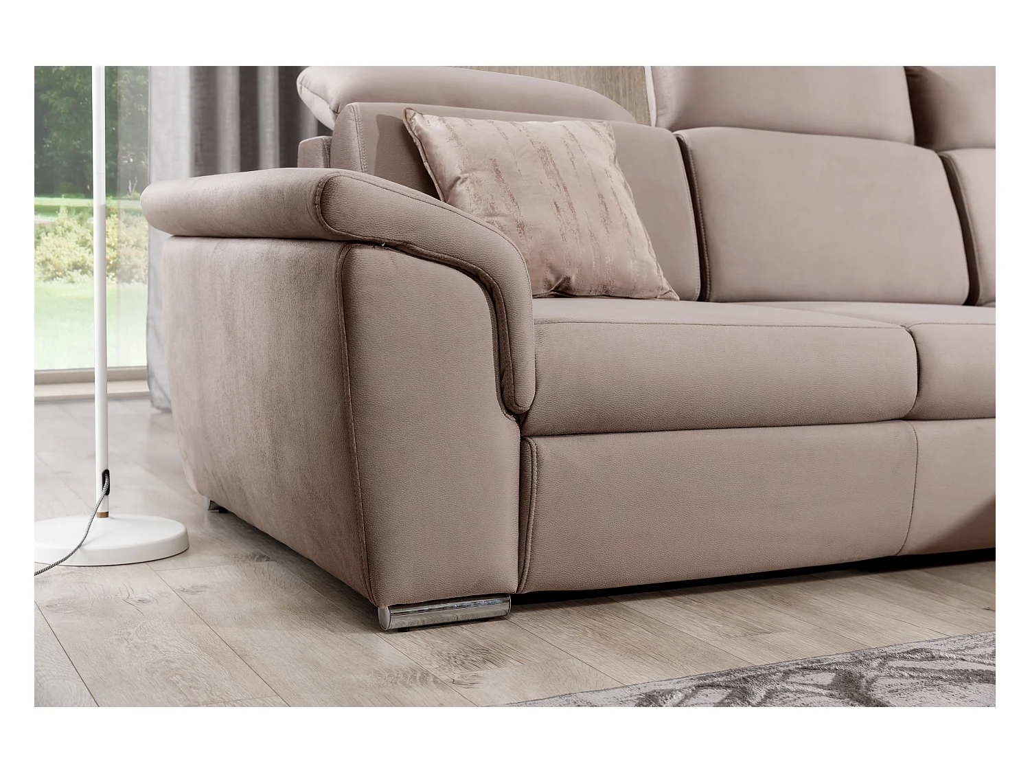 Canapé convertible d'angle droit velours marron têtières réglables Suzy 272cm