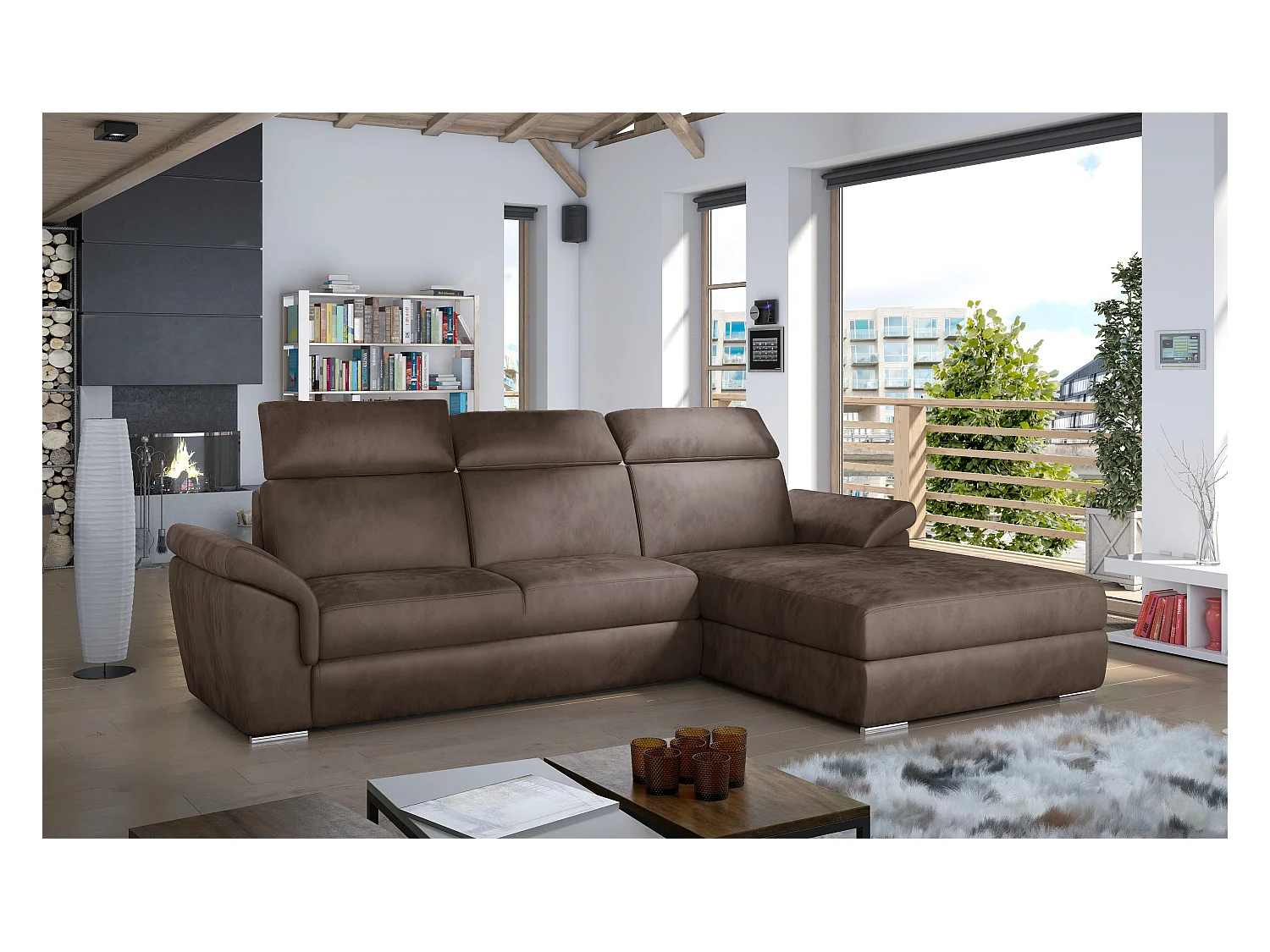 Canapé convertible d'angle droit velours marron têtières réglables Suzy 272cm