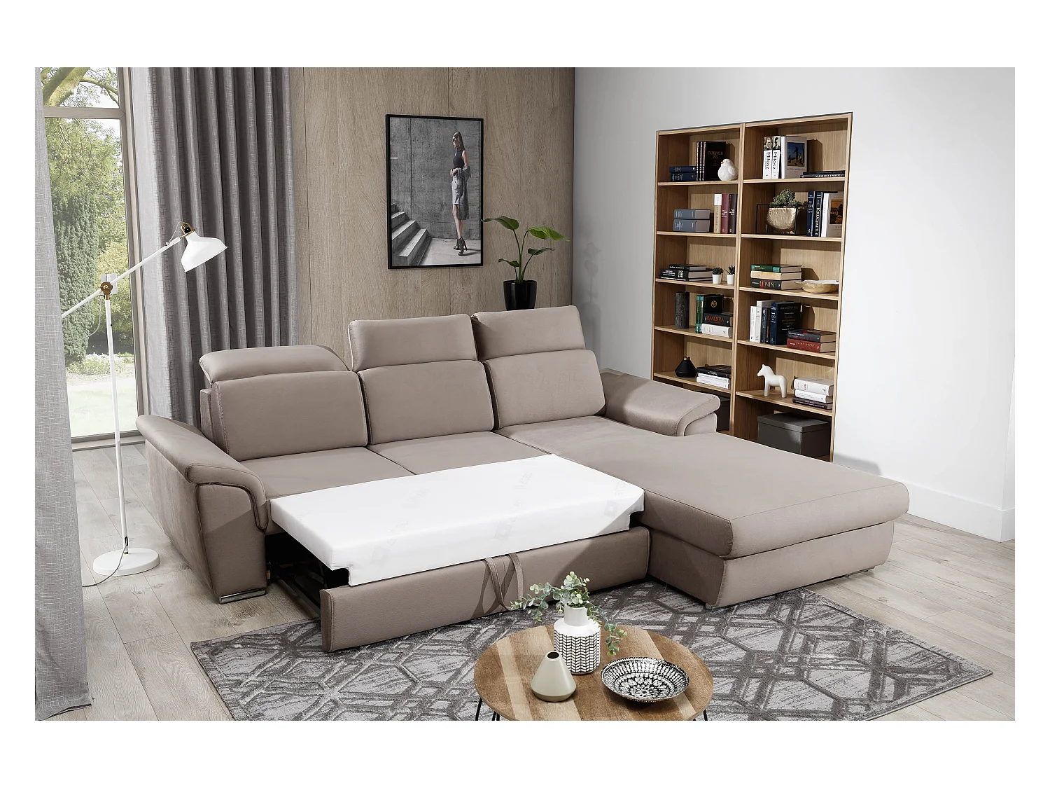 Canapé convertible d'angle droit velours marron têtières réglables Suzy 272cm