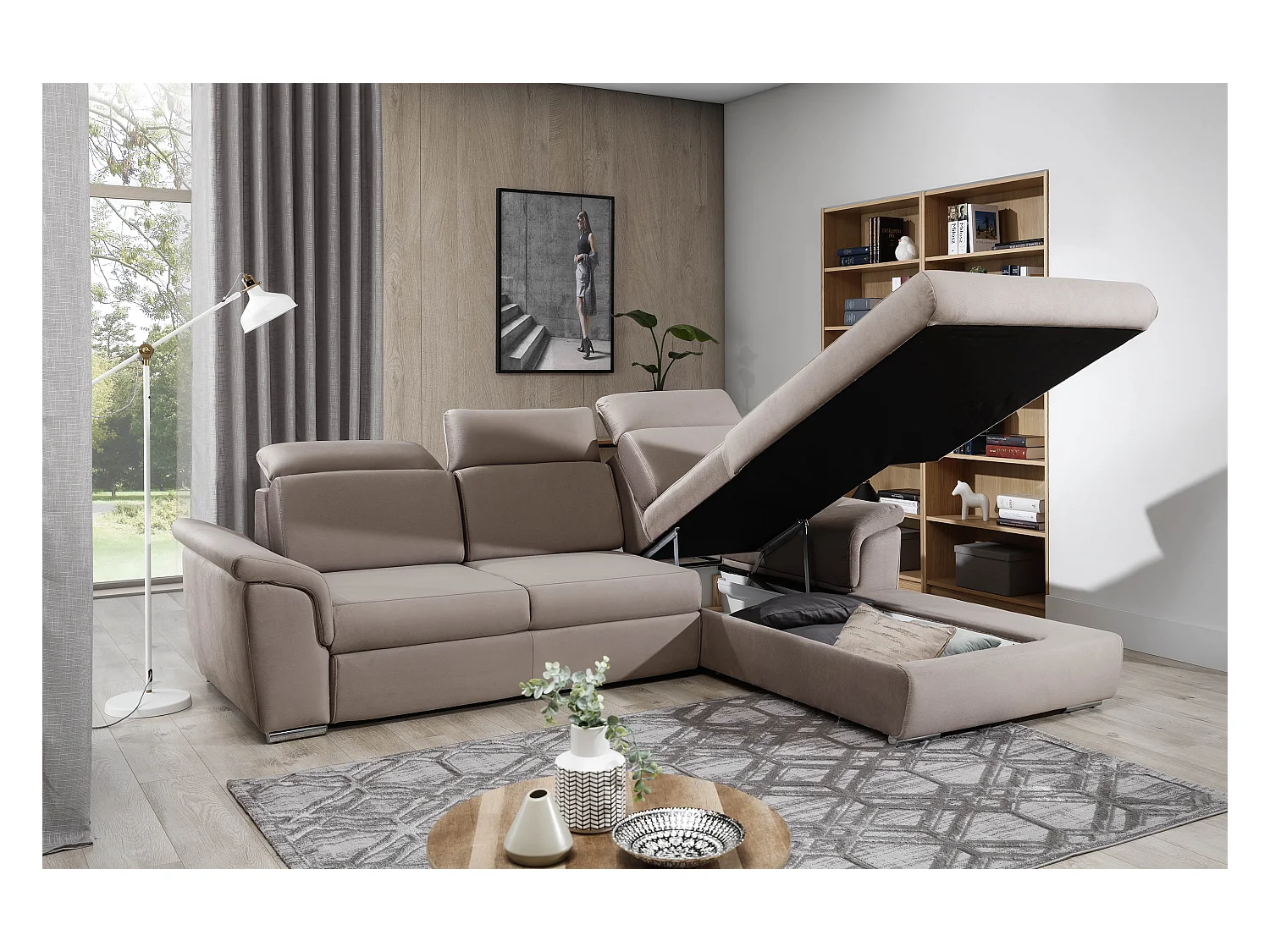 Canapé convertible d'angle droit velours marron têtières réglables Suzy 272cm