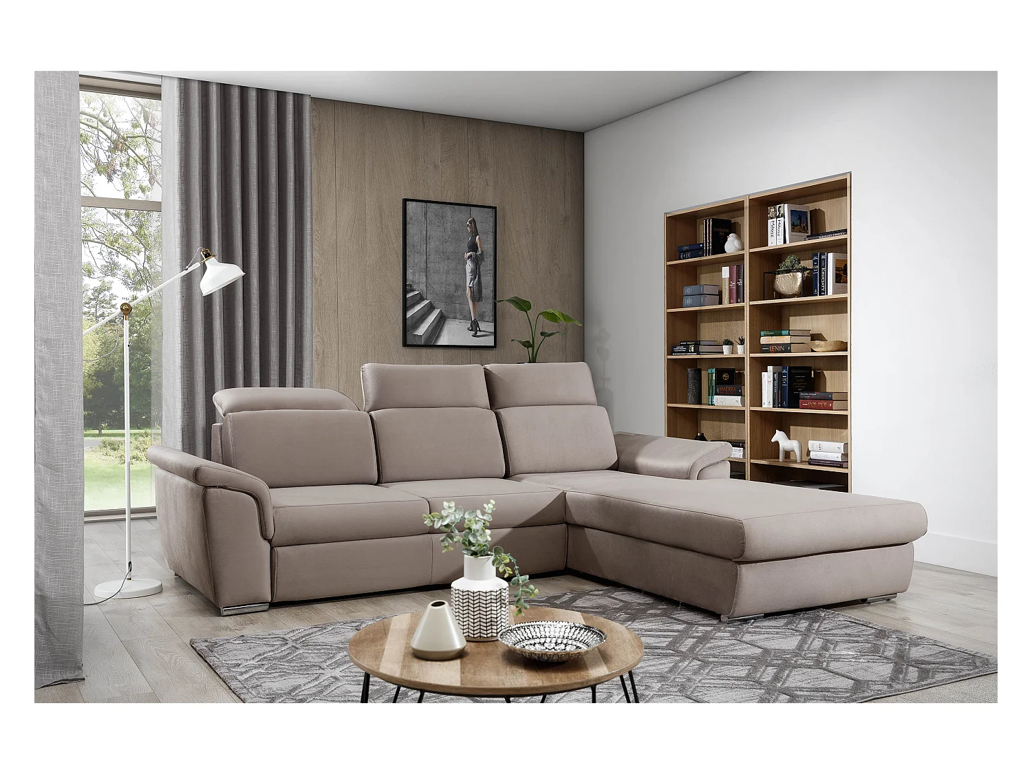 Canapé convertible d'angle droit velours marron têtières réglables Suzy 272cm