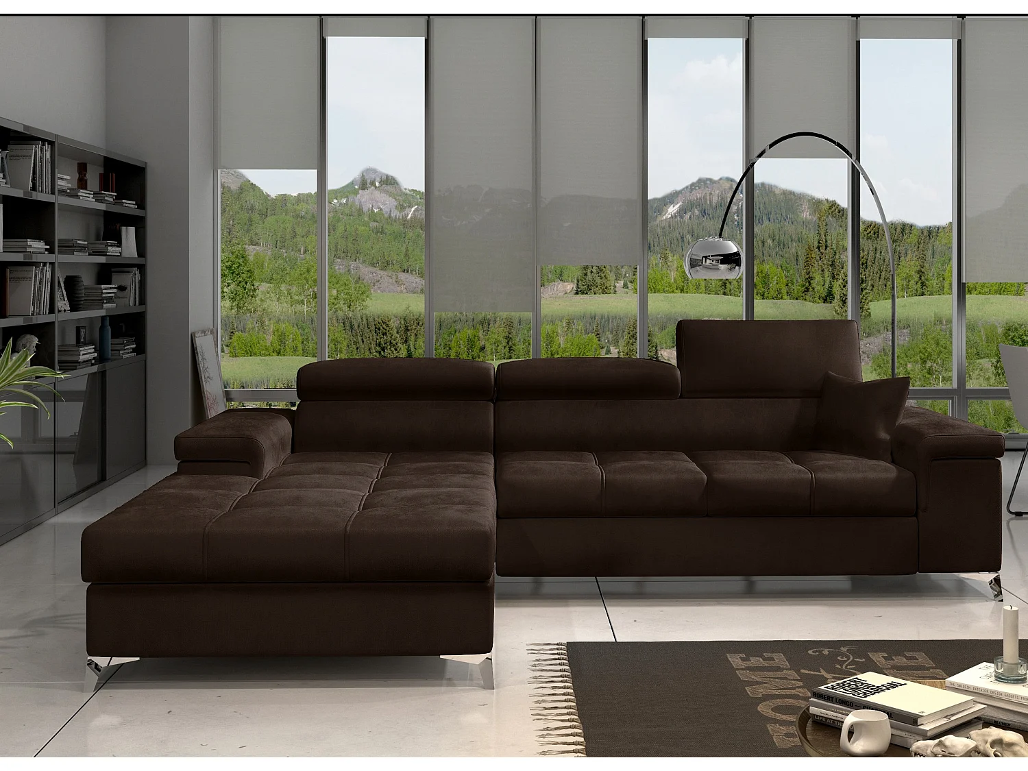 Fluwelen converteerbare hoekbank met verstelbare hoofdsteunen Rikaro 280 cm-Kleur Donker bruin-linkerhoek