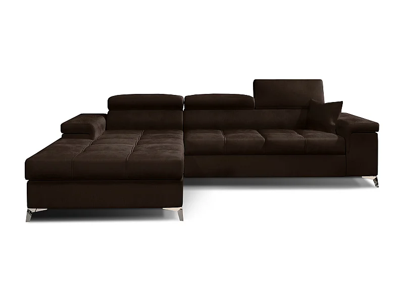 Canapé d'angle convertible velours appuis-tête réglables RIKARO - Coffre et pieds acier chromé-Marron foncé-angle gauche