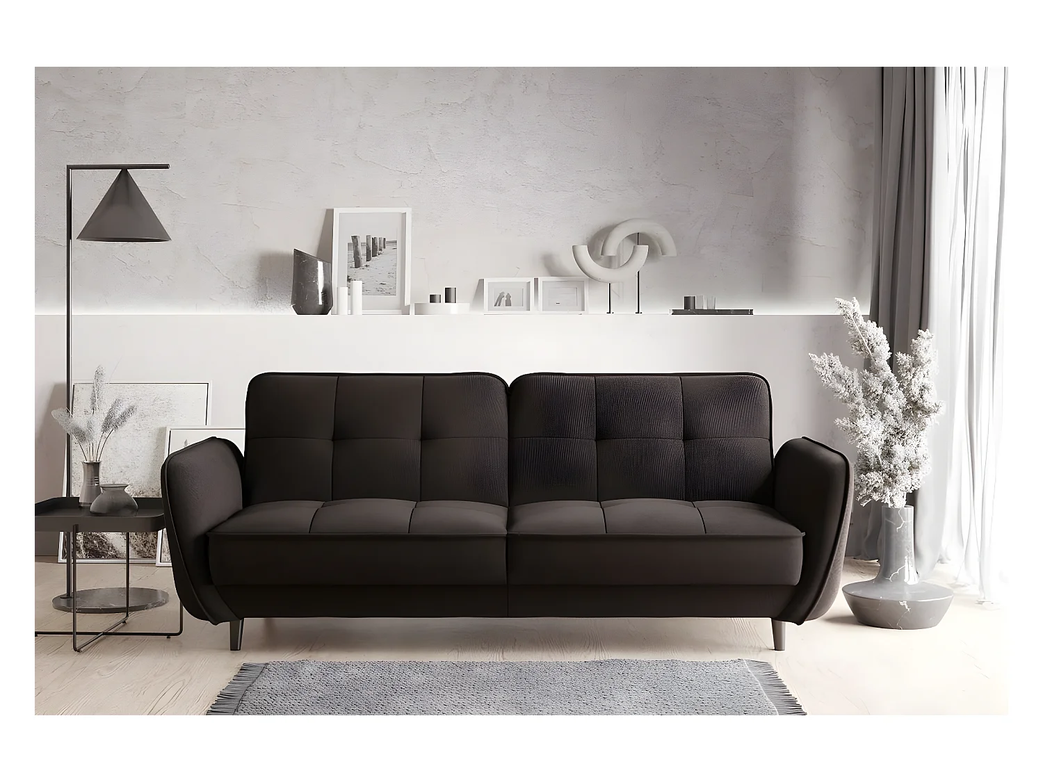 Canapé convertible 3 places tissu marron capitonné et pieds bois noir Bizza 220cm