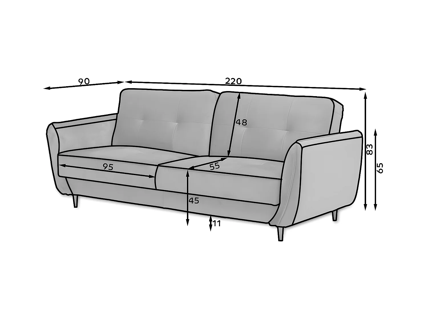 Canapé convertible 3 places tissu marron capitonné et pieds bois noir Bizza 220cm