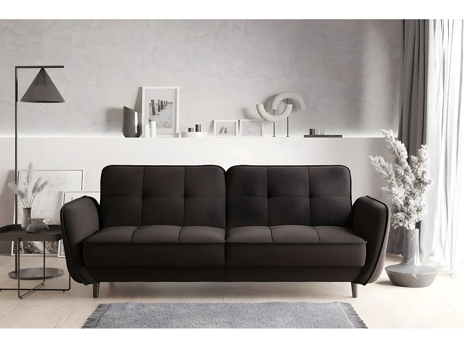 Canapé convertible 3 places tissu marron capitonné et pieds bois noir Bizza 220cm