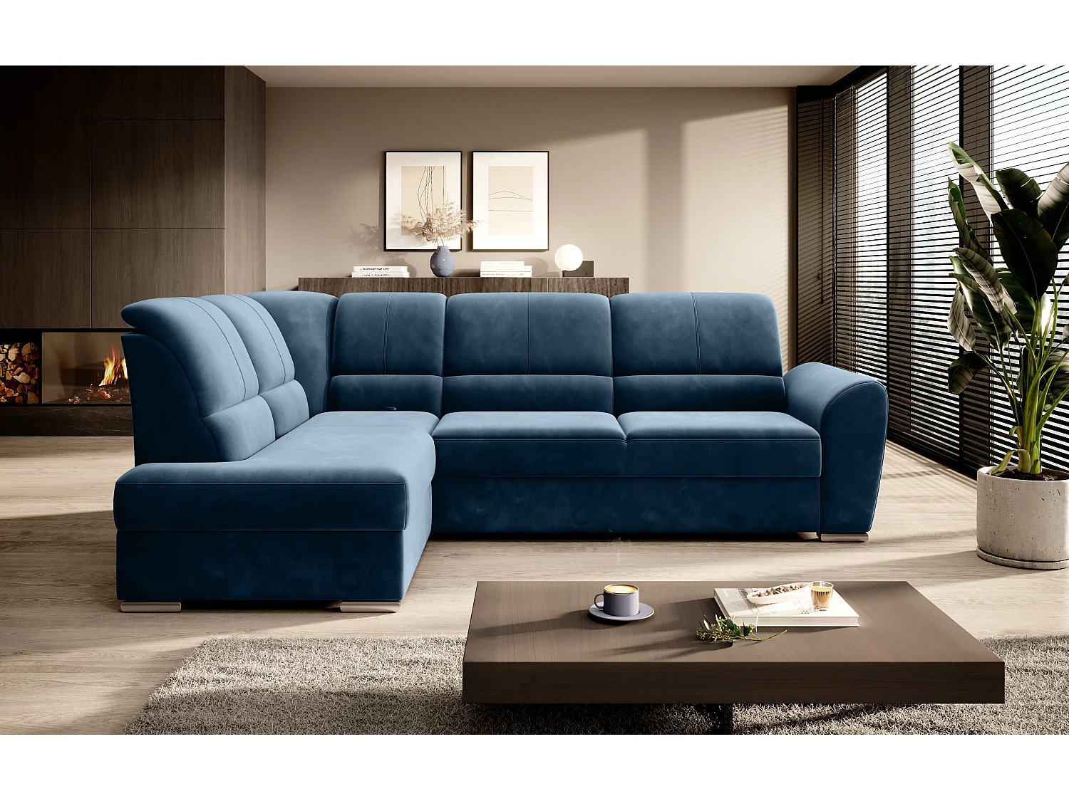 Canapé angle gauche convertible tissu bleu foncé et pieds acier chromé Zabor 270cm