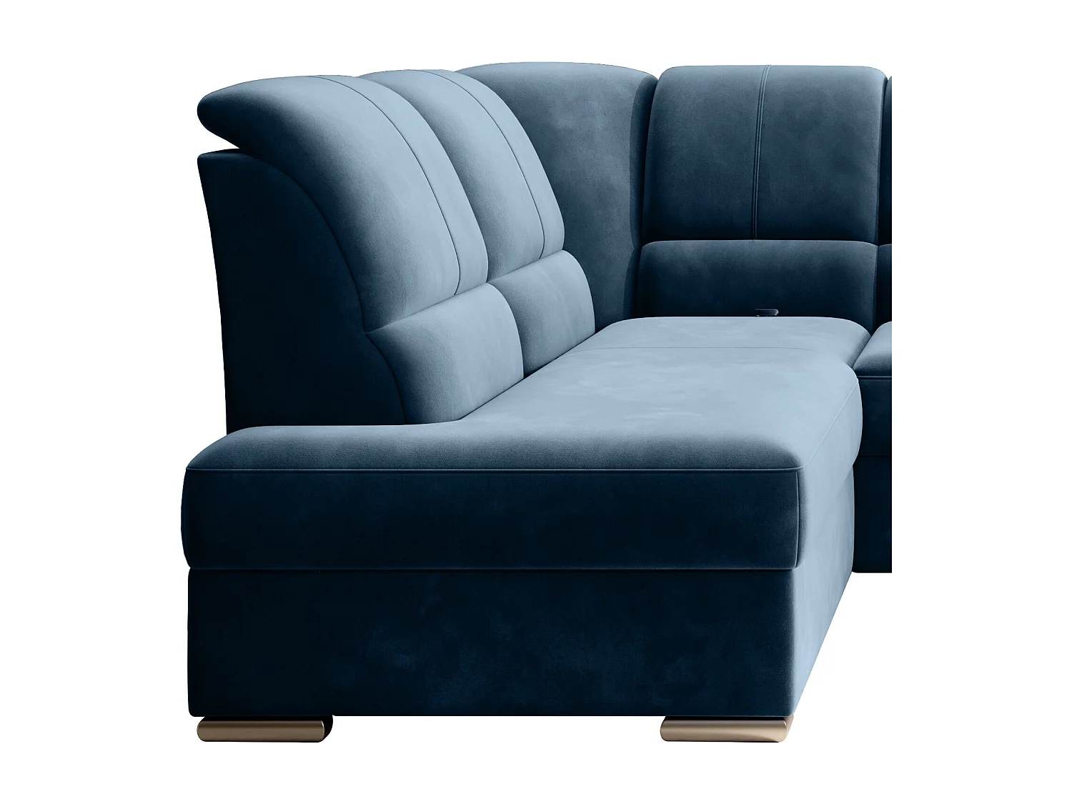 Canapé angle gauche convertible tissu bleu foncé et pieds acier chromé Zabor 270cm