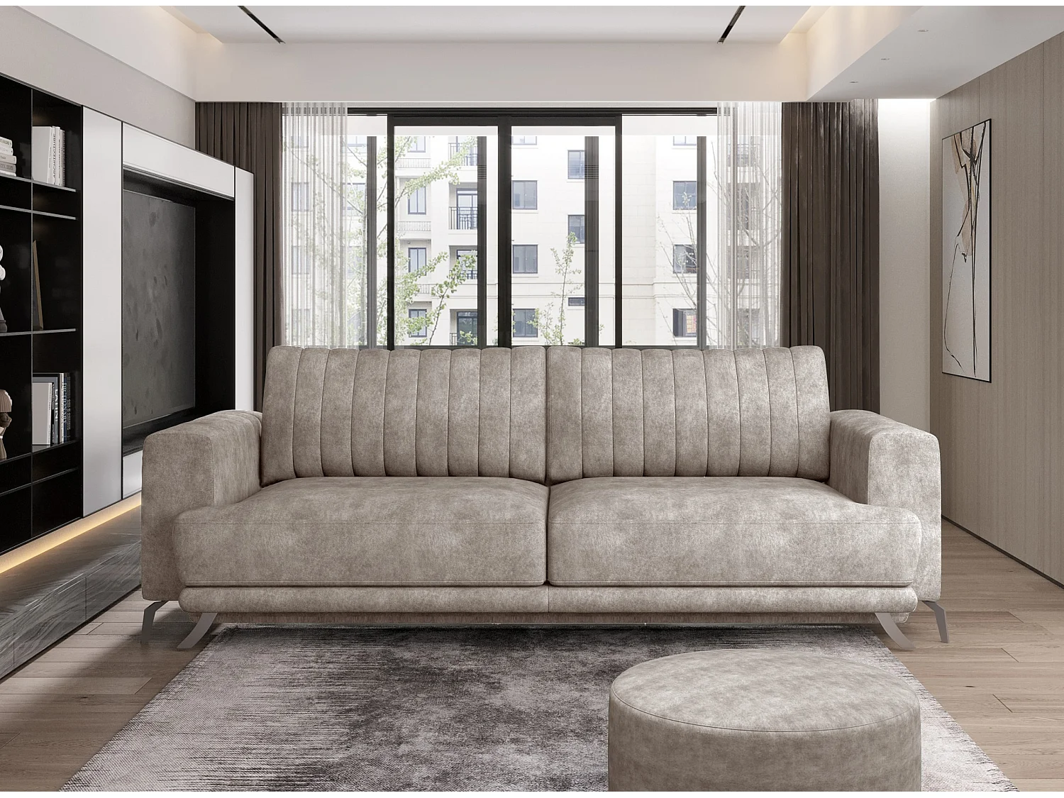 Canapé convertible design 3-4 places tissu effet cuir beige et pieds acier chromé Eliza 250cm