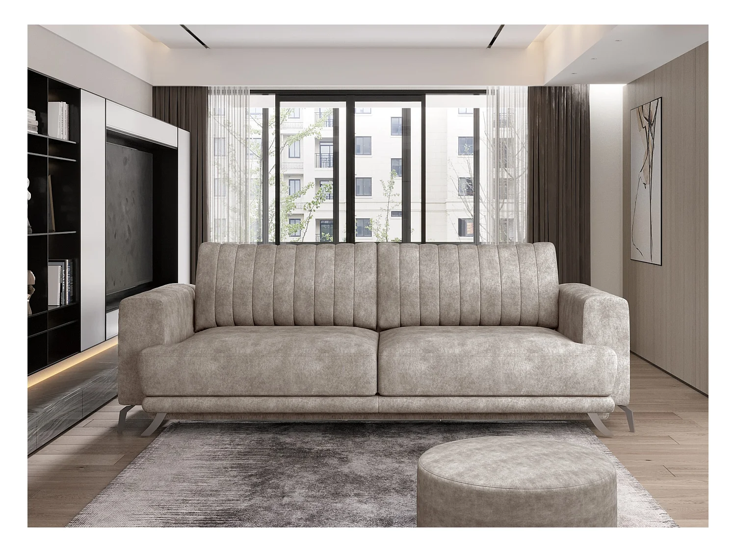 Canapé convertible design 3-4 places tissu effet cuir beige et pieds acier chromé Eliza 250cm