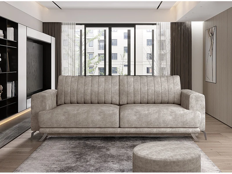 Canapé convertible design 3-4 places tissu effet cuir beige et pieds acier chromé Eliza 250cm