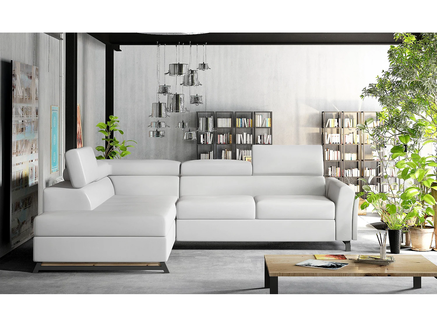 Canapé angle gauche convertible simili cuir blanc avec têtières réglables Nikos 265cm