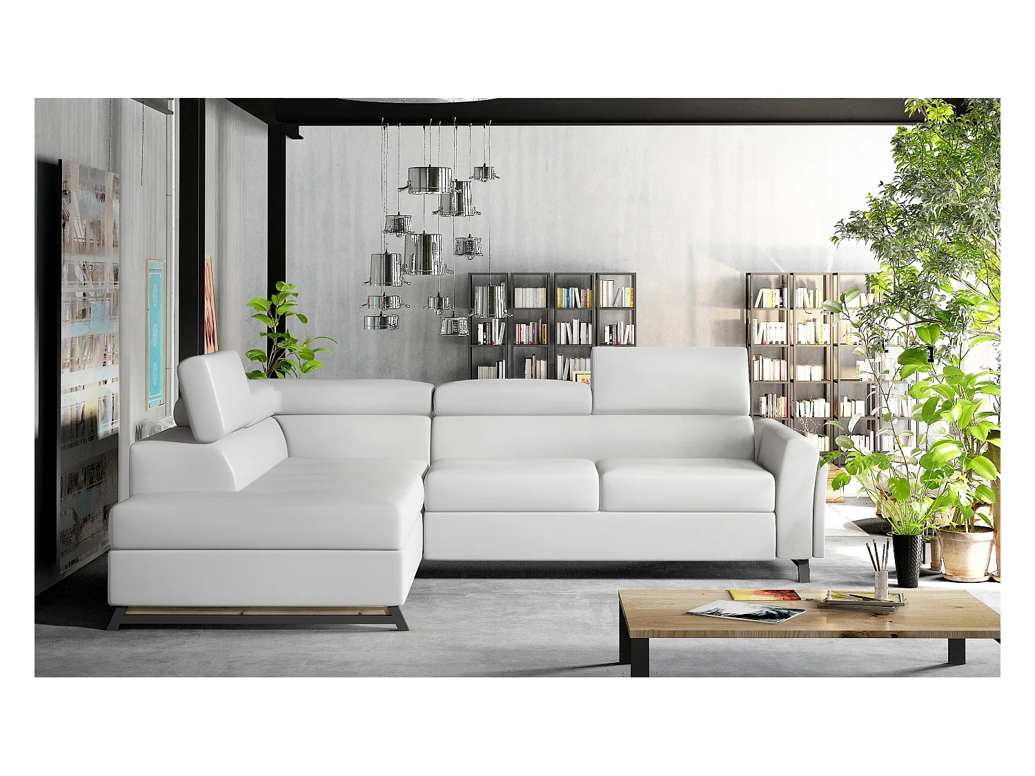 Converteerbare hoekbank links in wit kunstleer met verstelbare hoofdsteunen Nikos 265 cm