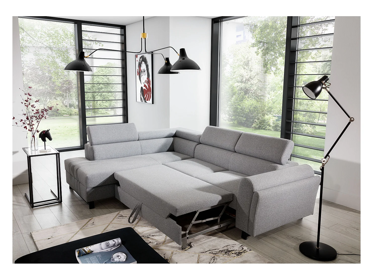 Converteerbare hoekbank links in wit kunstleer met verstelbare hoofdsteunen Nikos 265 cm