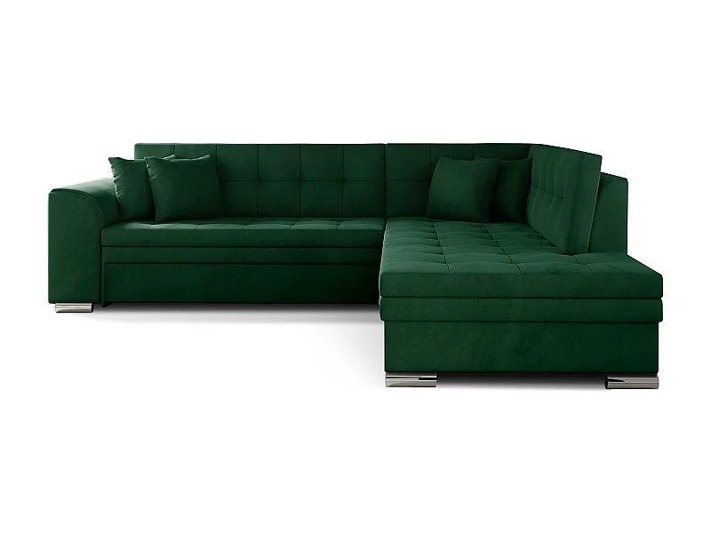 Canapé convertible angle droit velours vert foncé et chromé Pika 260cm