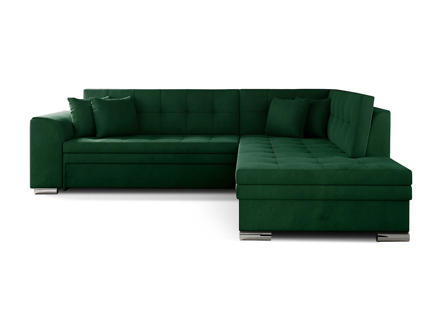 Canapé convertible angle droit velours vert foncé et chromé Pika 260cm